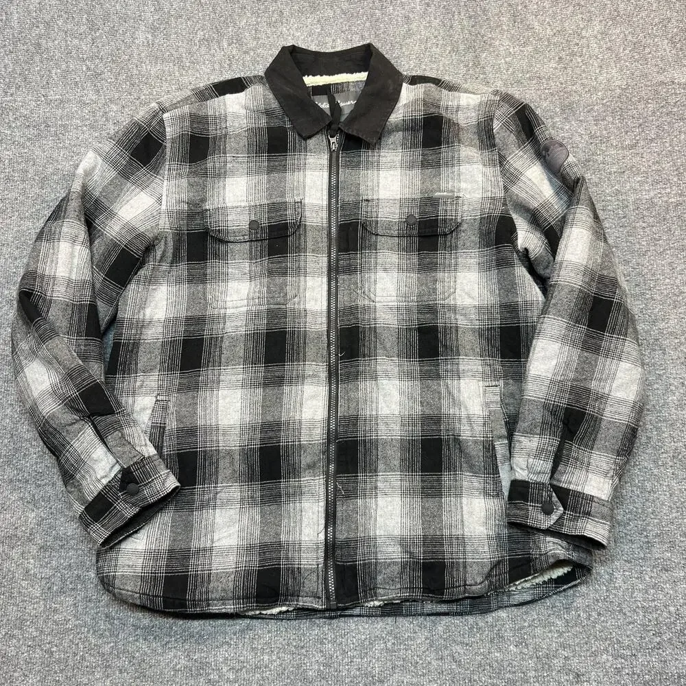Eddie Bauer Jacket Mens Large Gray Plaid Sherpa Lined Flannel Full Zip Outdoor